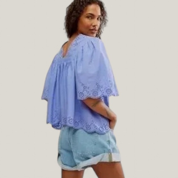 Free People Costa Eyelet Top Periwinkle Blue Size XS Oversized - Picture 3 of 12